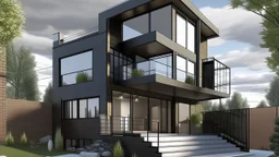 Architectural rendering of a modern two-story house with a brick facade and black trim, large windows, and an open floor plan, under a cloudy sky. The house has a cantilevered section supported by black pillars, and a dark-haired woman wearing a gray shirt and jeans stands in front of the house. The interior includes a staircase with glass railings and a dining area with green chairs. In the backg, Whimsical surrealism, Afternoon, 3D graffiti, Sustainable architecture