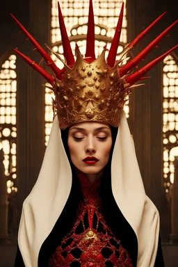 lady in red veils her face and has a large golden spiked crown, in the style of celestial fasion, otherworldly beauty, davide sorrenti, celestialpunk, album covers, fra angelico, aykut aydogdu, queencore, golden age aesthetics --s 750 --v 6. 0 --ar 10:13