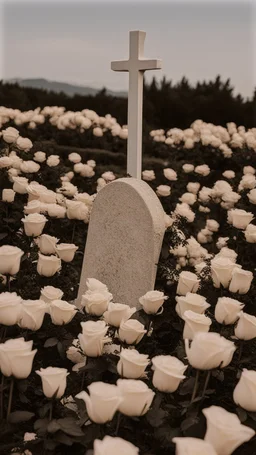 A grave in a field of white roses. Above the grave are swan feathers, a carved dagger, and white lace cloth.cinematic.