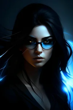 Generate me an image of a dark hair with a bit shorter hair than shoulder length that is a software developer and has a blindfold. she is black and have lightning super powers as well