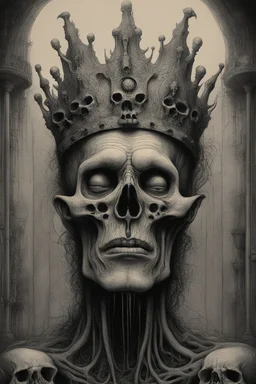 The face of an old men king with a skulls crown, a thin line draw ، front view camera, decayed and rotting with grotesque proportions and imagery. surreal horror, biomechanical design, by hr giger and beksinski , fine lines draw