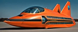 A national geographic award winning photograph of a military fighter jet station wagon elephant hybrid bilaterally symetrical designed by skunkworks, only one vehicle per image painted metallic orange traveling at a high rate of speed, jet intake off of front center of vehicle and jet exhaust out the rear with bright blue flame soviet retrofuturism, cassette tape futurism,