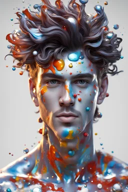 PAPERCUT 3d photo realistic portrait of young man, fantasy, handsome, hard eyes, glossy streaks of paint, paint blobs, shiny white transparent skin, shiny molten metalics, baubles, wild hair, high definition, octane render, 64k, 3d