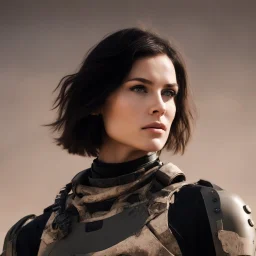 beautiful sexy caucasian female soldier, black metal body and limbs, visible cybernetic limbs, scratched sand camo, no armor, short brunette wavy bob haircut, dystopian, desert scene