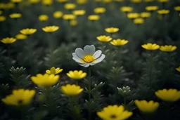 a single yellow flower standing out in a field of grey flowers