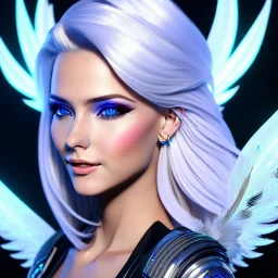 A beautiful portrait of a cute smiling cyberpunk woman with wings, long blond haire, high key lighting, volumetric light high details with white stripes and feathers and blue celtic paterns and luminous glasses in a starry background