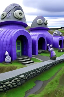 A purple university with slimy snails designed in Moai statues painted by Christen Købke