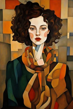 Woman in the cubism style of argon Schiele + Gustav Klimt. Rich, lovely colors, full cubism style