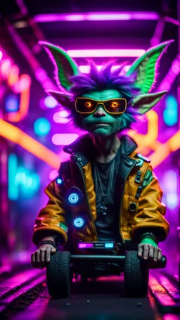 portrait of Hairy Gremlin pimp ninja cyber yoga punk in flying hipster tractor parked in dark tron neon lit reflective smoke arcade hall tunnel,bokeh like f/0.8, tilt-shift lens 8k, high detail, smooth render, down-light, unreal engine, prize winning