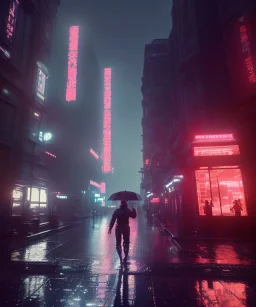 3D, beautiful, light reflecting, empty city at night, rainy night, neon, cyberpunk, person with helmet walking