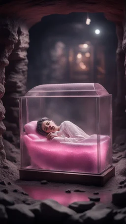 full body portrait of soap star sleeping in a glass casket sarcophagus filled with calm transparent pinkish embalming liquid inside coal mine shaft,bokeh like f/0.8, tilt-shift lens 8k, high detail, smooth render, down-light, unreal engine, prize winning