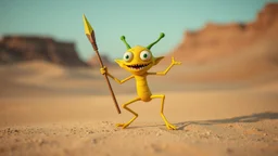 a funny little creature that dance in a desert, the creature is yellow and green, have big eyes and long legs, he likes to dance and jump with his spear, he ls little evil and likes to scream "Musta", and have a big mouth sharp teeth