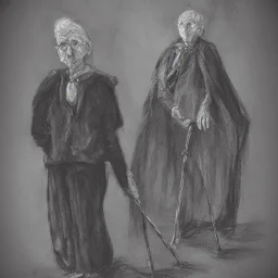 Portrait of a proud old withered witch with walking cane