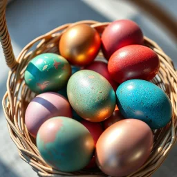 digital photograph of off-center modern basket colorful Easter eggs. eggs display intricate textures in azure, emerald, blush,red, crimson,gold, sapphire,metallic cinematic HDR backlighting highlights subtle dimples and glossy reflections, with shallow depth of field softening the sunlit background. hyperrealistic 8k resolution,