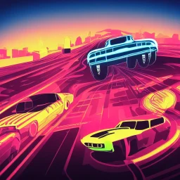 art deco, cyberpunk, two neon muscle cars, race, speed, desert road, sunset, full colour, hd,