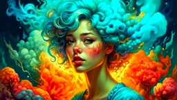 Pauline Cassidy, Catherine Able, Tara McPherson, hdr, Catherine Weltz-Stein. Josephine Wall. Megan Duncanson. beautiful. 4K 3D. Very cute, the girl's hair develops and turns into smoke, impressionism, fluff, transparent, haze, fog, volumetric light and shadows, glare