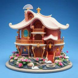 a gorgeous multi-storey house made of precious stones. large playground, expensive, pearls, mother of pearl, gold, jewelry, flowers, pond with swans, bench, lantern, three-storey, blue sky. spiral, fan, micro details, complex patterns, colorful. 3D