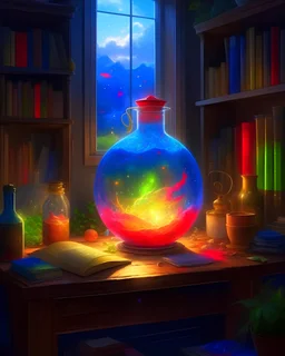 arcane style, one single colorful potion in a round bottle with a glowing galactic landscape inside of it on a messy brown table, papers and books, sunlight from a window, soft lighting, atmospheric, bottle is the focus. by makoto shinkai, stanley artgerm lau, wlop, rossdraws, james jean, andrei riabovitchev, marc simonetti, krenz cushart, sakimichan,