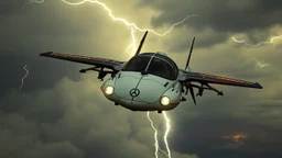 a high definition screen shot of a jet-fighter vw-beetle, retrofuturistic, phototrealism, in flight, one subject, thunderstormncc 1701 enterprise Macabre Rapture End of days Revelation scene,
