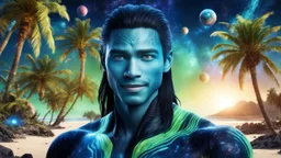 beautiful gorgeous young man na'vi with long hair, Avatar, blue skin, two small ears, green eyes, black hair, in cosmic suit, galactic ambiance, little pointy goatee , smiling, with spaceship and planets and palm trees and clear crystaline cosmic beach in background