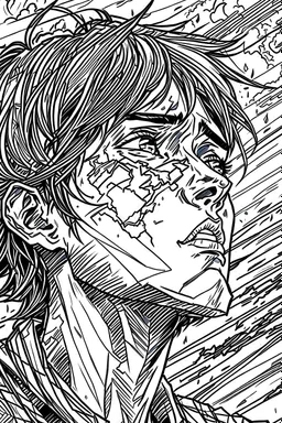 Portrait drawing of A man with deep lines on his face, staring towards the heaven, manga style, chaos