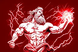 Detailed and realistic illustration of Greek god Zeus holding holding lightning. Vintage style illustration. Red and white lightning. Ultra high resolution.