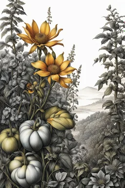 botanical pen and ink illustration, ultra realistic, award-winning: atmospheric: commanding: fantastical: clarity: 16k: ultra quality: striking: brilliance: stunning colors: masterfully crafted in the style of Albrecht Durer and Rogan Brown