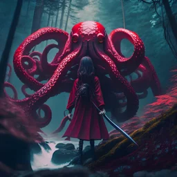 giant octopus, girl with katana, in the forest, cliff enchanted, darkred tones, 8k, macro photography,