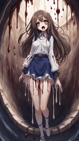 Anime girl with big eyes, darkblue and sepia tones, fullbody, slime, the perspective looking up from the bottom of an empty well, rolling eyes, tongue out, blood drip, open mouth, big thighs, long hair white,