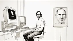 An image inspired by Steve Jobs' innovative spirit shows him standing next to the iconic iMac computer. Jobs appears in the image with a confident smile, casting a look full of optimism towards the future. The image showcases his dedication to achieving innovative technology and sleek design, captivating viewers' attention and encouraging them to explore more details about Steve Jobs' pioneering persona and his legacy in the world of technology and innovation.