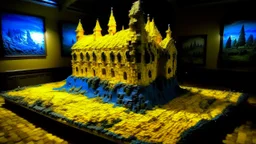 A yellow castle made out of batteries in a thunderstorm designed in Moroccan rug art painted by Vincent van Gogh