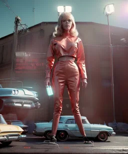 Ultra Realistic retro sci-fi movie Supermarket parking scene, 1960 year, waist up view portrait, 2 clones blonde women, sweet teenager Jane Fonda face, perfect iris, glow eyes, face makeup, tight latex coat, Scare people background, Retro sci-fi style, soft color, highly detailed, unreal engine 5, ray tracing, RTX, lumen lighting, ultra detail, volumetric lighting, 3d, finely drawn, high definition, high resolution.