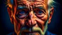 Create a portrait of a very elderly handsome man with a wrinkled face. He has a very intelligent look with kind and sad gray eyes. He's looking straight at the camera. His face is decorated with deep wrinkles that speak of wisdom and experience. His eyebrows are slightly raised, expressing restrained curiosity, as well as a note of sadness. The high forehead gives him a mental grace, and the deep, sharp facial features add expressiveness to his appearance. A positive, optimistic mood. Hyperreali