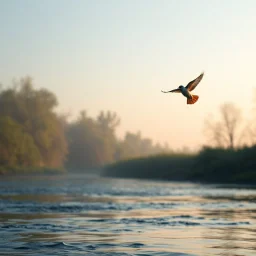 Hyper Realistic early morning (6:40 am) scene of a riverside where a beautiful small bird flying just few inches above the river water showing dramatic and cinematic ambiance.