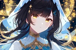 A beautifully detailed digital portrait of one women with a dreamy demeanour, featuring black hair with stars as hair clips, sparkly golden eyes, The women is wearing a detailed yellow and light blue dress of delicate fabric and soft colours, adorned with patterns and accessories. close-up. light blue, white, starry night sky, veil