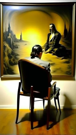 , a rear view of a man sitting on a chair facing a picture of Salvador Dali on the wall ,