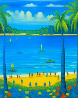 A blue beach with Hawaiian tikis painted by Georges Seurat