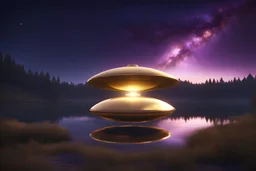 fine golden flying saucer traveling in the galaxy, transparent, amethyst crystal with lights, starry sky, reflection over a lake, finely tuned detail, ultra high definition, 8 k, unreal engine 5, ultra sharp focus,