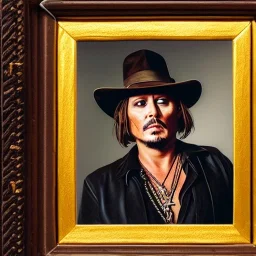 portrait of johnny depp as indiana jones with a golden cross in hand, in studio