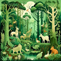 A mint colored animal kingdom in a forest painted by Edward Hicks