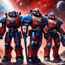 Clad in power armor that gleams with otherworldly sheen, the Red Space Marines , these mighty warriors prepare to embark on their interstellar vessels, they stand ready to fulfill their duties of shipboard security and combat in the depths of space. n this cosmic tableau painted in the style of a visionary space artist, the Space Marines epitomize the fusion of futuristic technology and timeless warrior ethos.