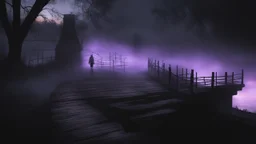 walking straight ahead over a wooden bridge, holding the angel of death with your right hand, entering the fog at the end of the road that leads to the afterlife, and a beautiful sunset and galaxy's behind the fog, realistic