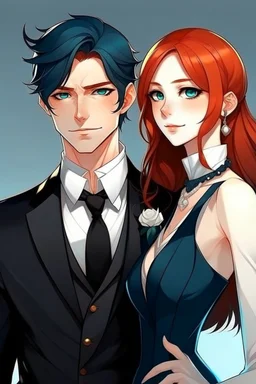 refined man with black hair and blue eyes anime wearing tuxedo realistic with redheaded woman