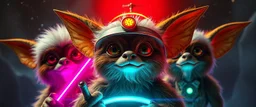 volume fog light, hyper real close up on fluffy faces of rock cute charming uplifting energetic blessed alien cricket coyote priest gremlin fashion general with hi tech transcendent lazer plasma blaster arsenal from hell, guarding bridge up to space saucer neon plastic transparent, movie poster