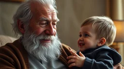 Elderly Grandfather and little child grandson happy together, exquisite composition, beautiful detailed intricate insanely detailed octane render trending on artstation, 8k artistic photography, photorealistic concept art, soft natural volumetric cinematic perfect light, chiaroscuro, award-winning photograph, masterpiece, raphael, caravaggio, Alma Tadema, Bouguereau