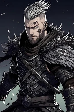 Anime style Young Ragnar Lothbrok in battle black and silver armor