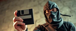 close up on guard holding up a diskette in front of a professional ninja thief climbing a wall during lightening,
