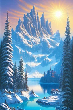 mountain with ice-cream on top, lake, trees, mystical, art deco