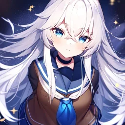 Clear focus, High resolution, long white hair, hair between eyes, straight long locks, sparkling blue eyes, wearing a sailor uniform, wearing a sailor skirt, wearing a brown vest, cute, 1girl, fluffy hair, frowning