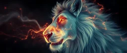 close up portrait of a plasma vampire flickers like hypnotic fire in geometric shapes like a dna swirl of time and a fearsome fluffy lion horse in the style of H R Giger and Lovecraft